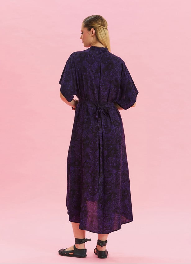 V Neck Gathered Detailed Purple Summer Dress 4533